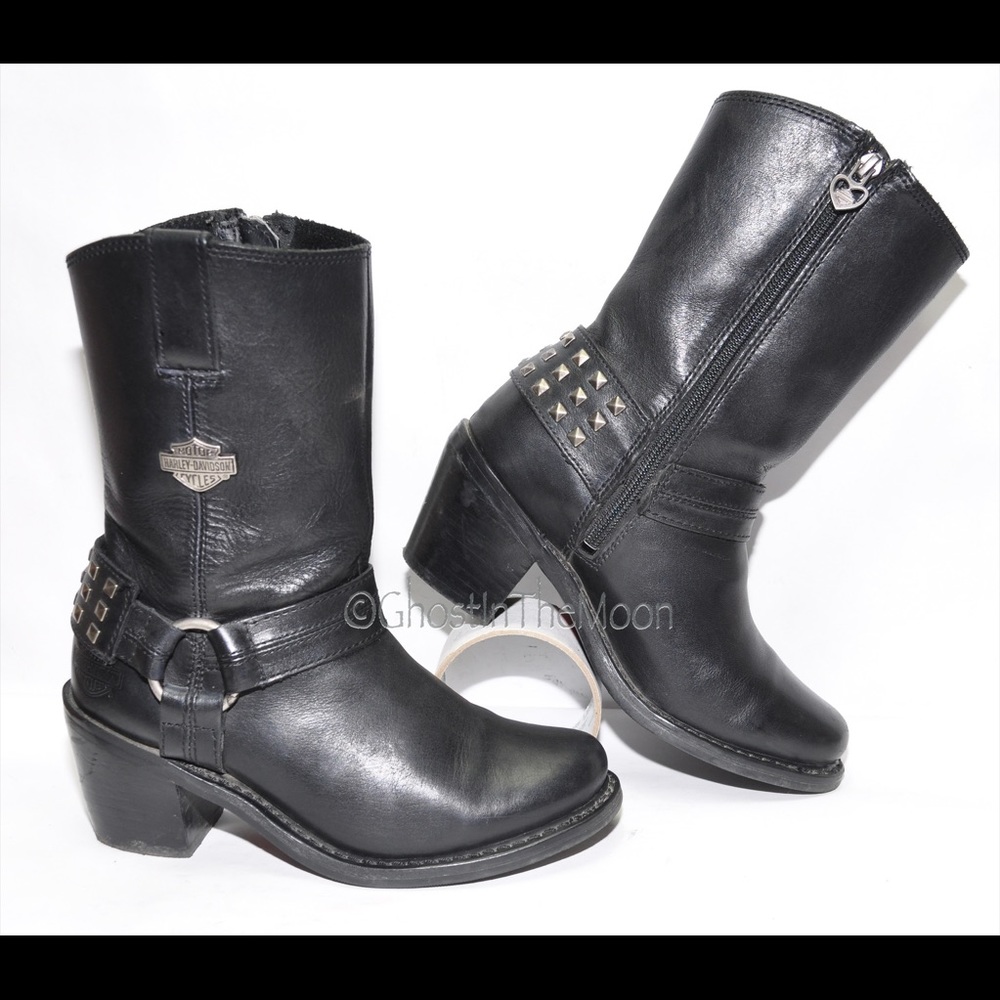 Harley Davidson Mid Calf Studded Harness Boots Heel Genuine Leather 6 US